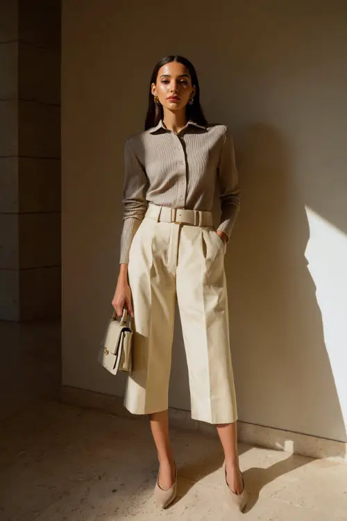A woman wearing a neutral long-sleeve top tucked into beige cropped trousers, paired with ballet flats and a structured mini bag, standing in a minimalist indoor space with natural light