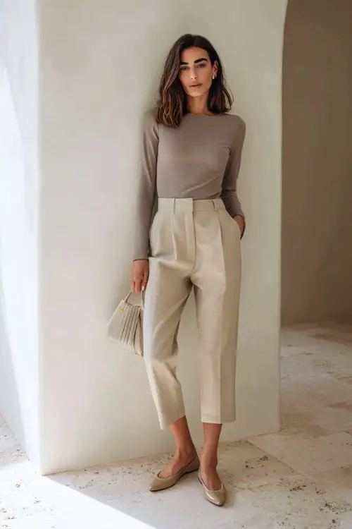 A woman wearing a neutral long-sleeve top tucked into beige cropped trousers, paired with ballet flats and a structured mini bag