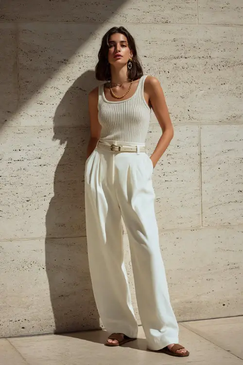 A woman wearing a neutral ribbed tank top with high-waisted cream trousers, paired with flat leather sandals and minimal jewelry, standing near a sunlit concrete wall 