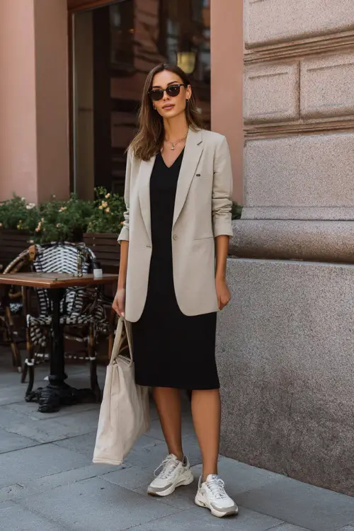 A woman wearing a relaxed beige blazer over a black midi dress, paired with minimalist sneakers and a sleek tote, standing near a street café in an urban setting 
