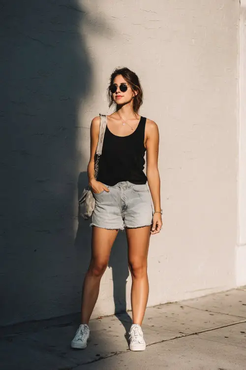 A woman wearing a simple black tank top paired with relaxed-fit denim shorts, styled with white sneakers and a crossbody bag, standing on a sunlit sidewalk with soft shadows 