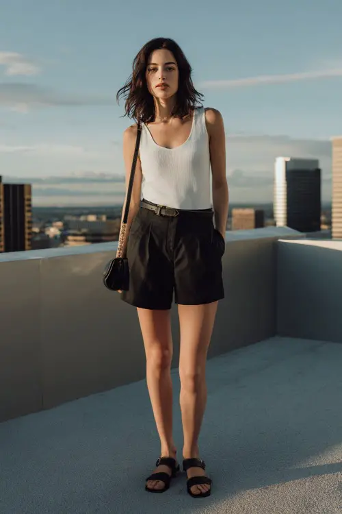 A woman wearing a simple white tank top tucked into black tailored shorts, paired with leather sandals and a structured mini bag, standing on a modern rooftop with a neutral skyline