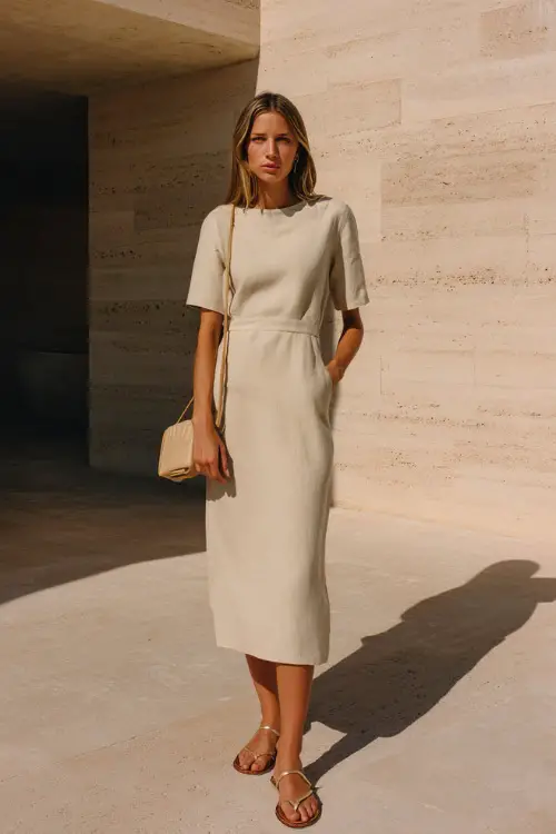 A woman wearing a soft beige linen midi dress with clean lines and minimal seams, paired with flat leather sandals and a small structured shoulder bag 