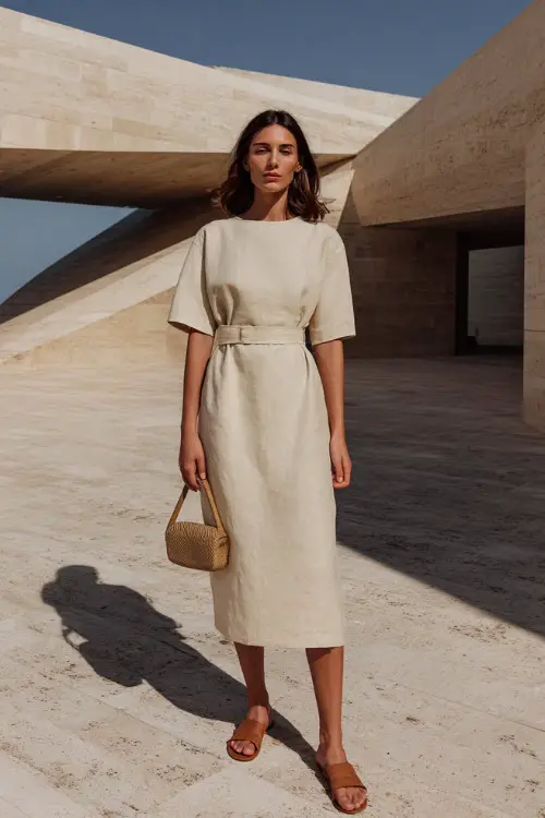 A woman wearing a soft beige linen midi dress with clean lines and minimal seams, paired with flat leather sandals and a small structured shoulder bag