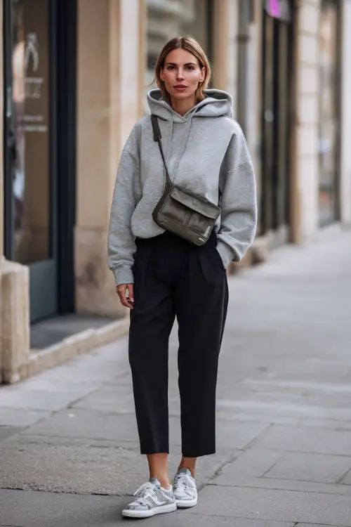 A woman wearing a soft gray hoodie paired with tailored black trousers and clean sneakers, styled with a structured crossbody bag