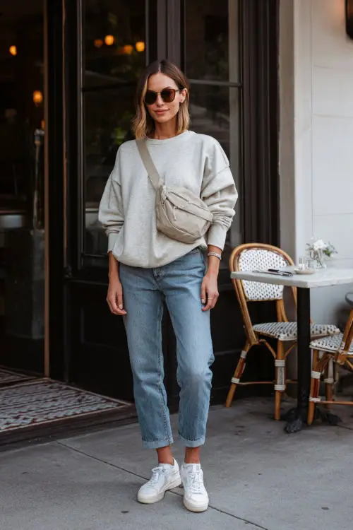 A woman wearing a soft gray sweatshirt styled with straight-leg blue jeans and clean sneakers, carrying a minimalist crossbody bag, walking past a café with neutral tones