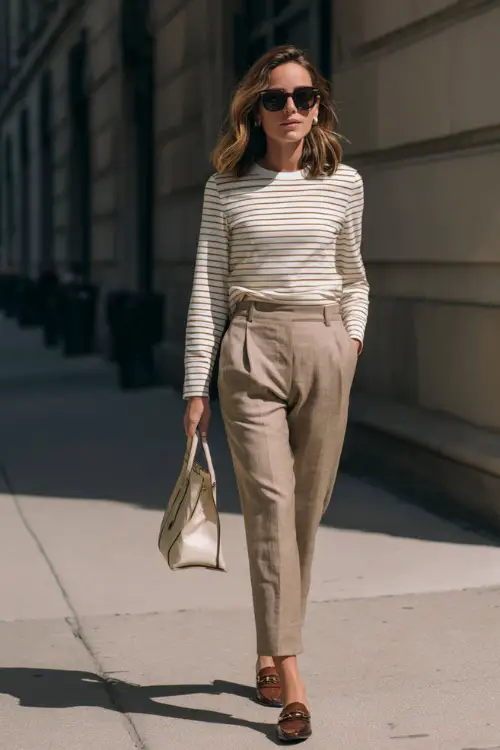 A woman wearing a striped neutral long-sleeve top tucked into tailored trousers, styled with loafers and a structured handbag, walking along a clean city street with soft daylight