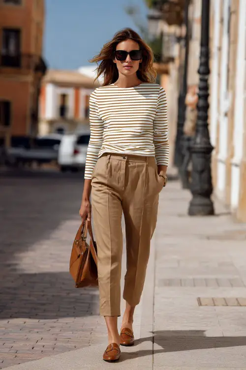 A woman wearing a striped neutral long-sleeve top tucked into tailored trousers, styled with loafers and a structured handbag