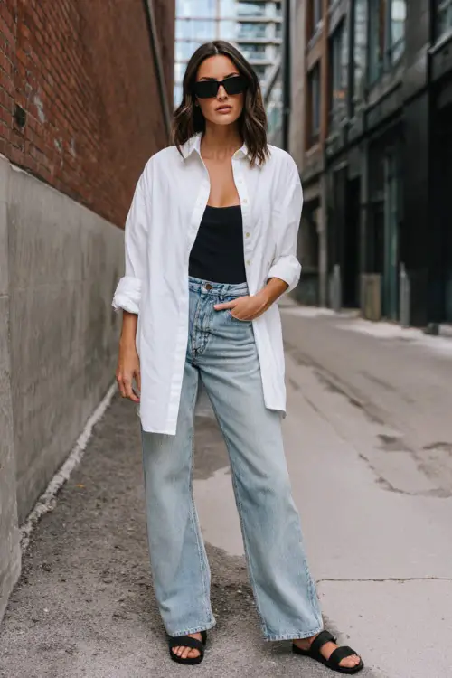 A woman wearing a white oversized button-down shirt styled as a light layer over a black tank and straight-leg jeans, paired with flat sandals and dark sunglasses