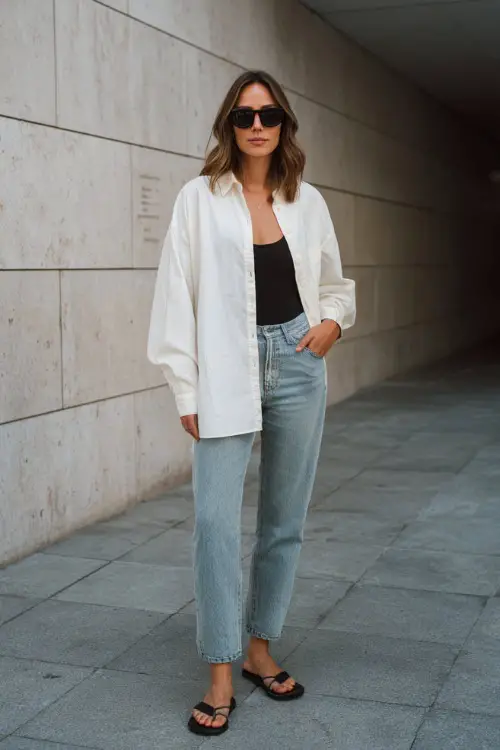 A woman wearing a white oversized button-down shirt styled as a light layer over a black tank and straight-leg jeans, paired with flat sandals and dark sunglasses 