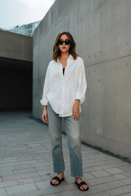 A woman wearing a white oversized button-down shirt styled as a light layer over a black tank and straight-leg jeans, paired with flat sandals and dark sunglasses