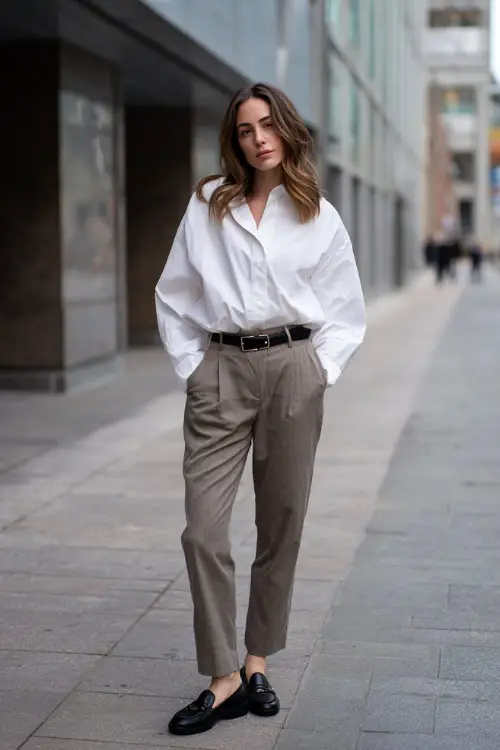 A woman wearing a white oversized button-down shirt tucked into straight-leg taupe trousers, styled with black loafers and a slim leather belt 