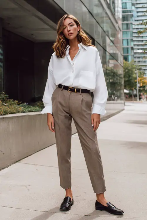 A woman wearing a white oversized button-down shirt tucked into straight-leg taupe trousers, styled with black loafers and a slim leather belt 