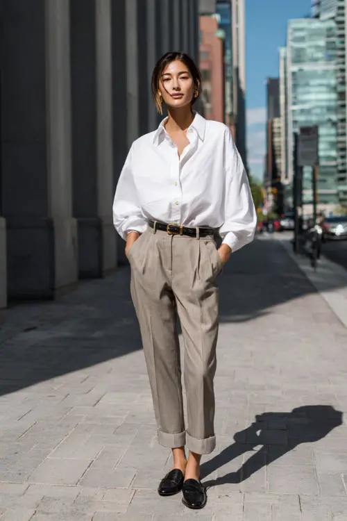 A woman wearing a white oversized button-down shirt tucked into straight-leg taupe trousers, styled with black loafers and a slim leather belt