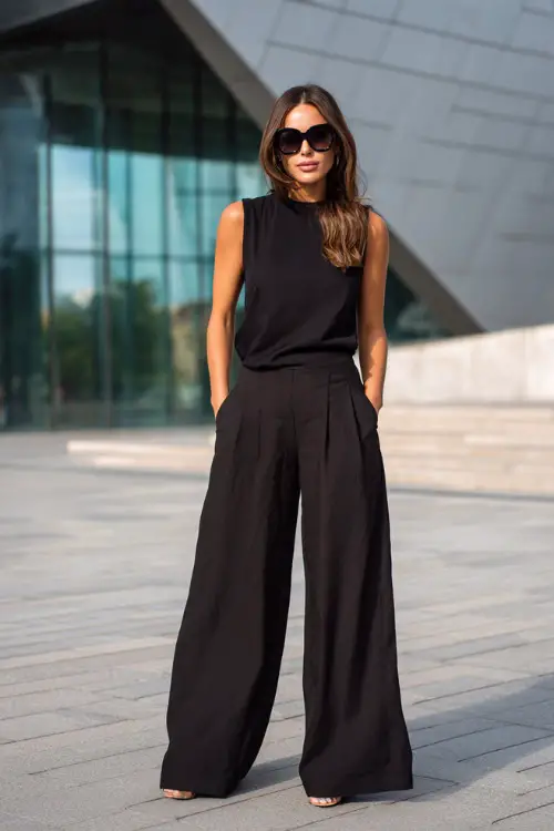 A woman wearing an all-black outfit with a sleeveless top and wide-leg trousers, styled with statement sunglasses and minimalist heels, standing in a contemporary urban plaza 