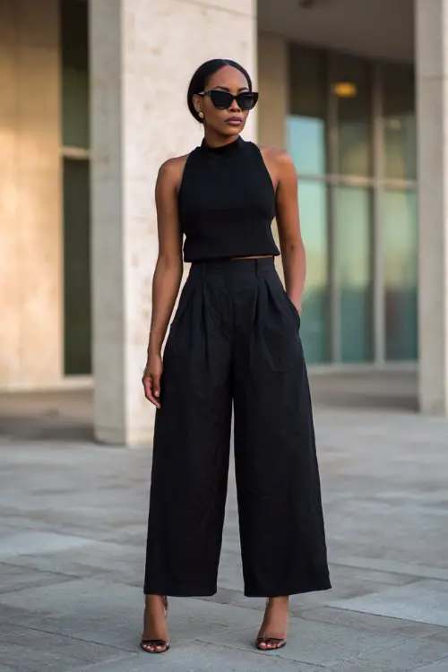 A woman wearing an all-black outfit with a sleeveless top and wide-leg trousers, styled with statement sunglasses and minimalist heels, standing in a contemporary urban plaza