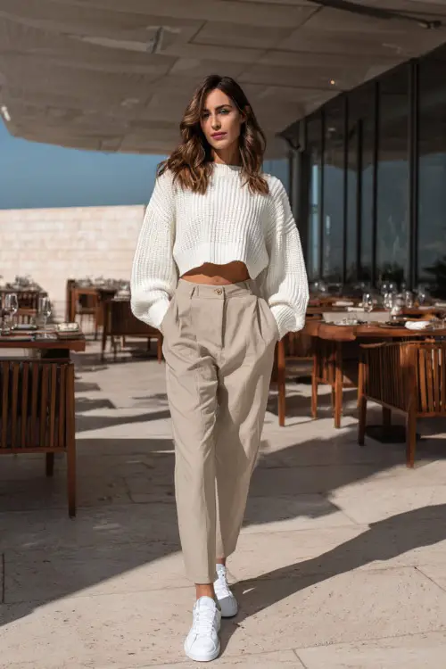 A woman wearing an off-white cropped sweater with high-waisted beige trousers, styled with clean white sneakers, standing in a minimalist outdoor café setting 