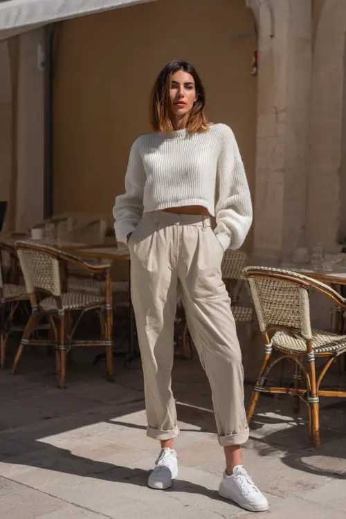 A woman wearing an off-white cropped sweater with high-waisted beige trousers, styled with clean white sneakers, standing in a minimalist outdoor café setting