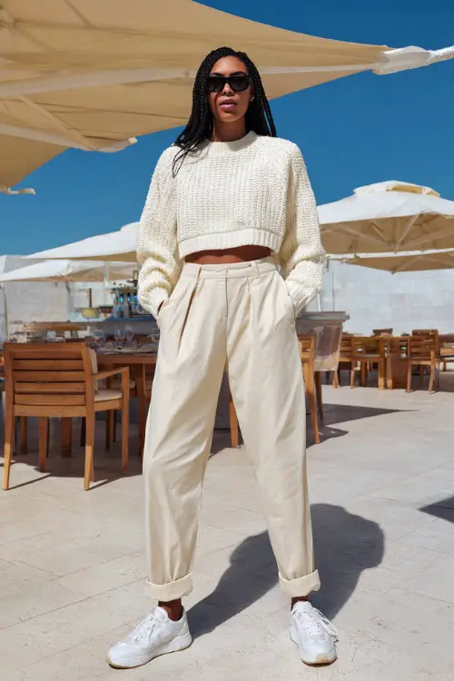 A woman wearing an off-white cropped sweater with high-waisted beige trousers, styled with clean white sneakers, standing in a minimalist outdoor café setting