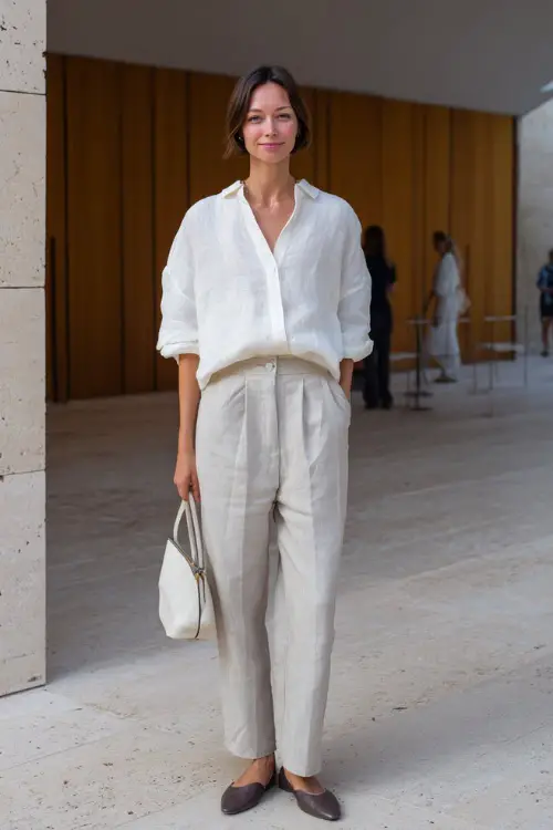 A woman wearing an off-white linen blouse tucked into loose-fitting neutral trousers, styled with slip-on flats and a minimalist handbag, standing near a modern building entrance 