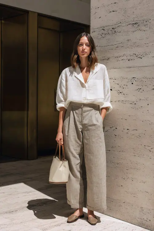 A woman wearing an off-white linen blouse tucked into loose-fitting neutral trousers, styled with slip-on flats and a minimalist handbag, standing near a modern building entrance