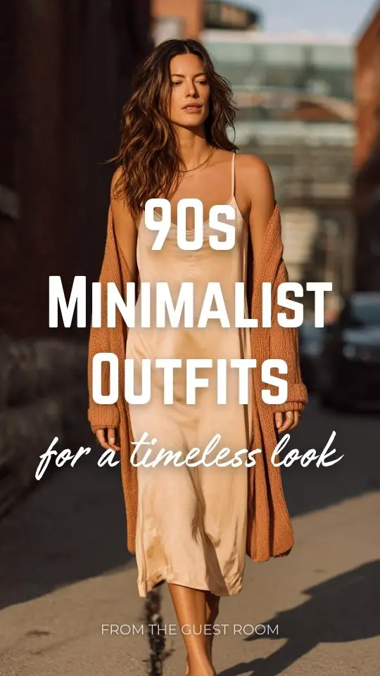 A woman wearing a 90s minimalist outfit with a slip-style midi dress in a neutral tone layered with a lightweight cardigan