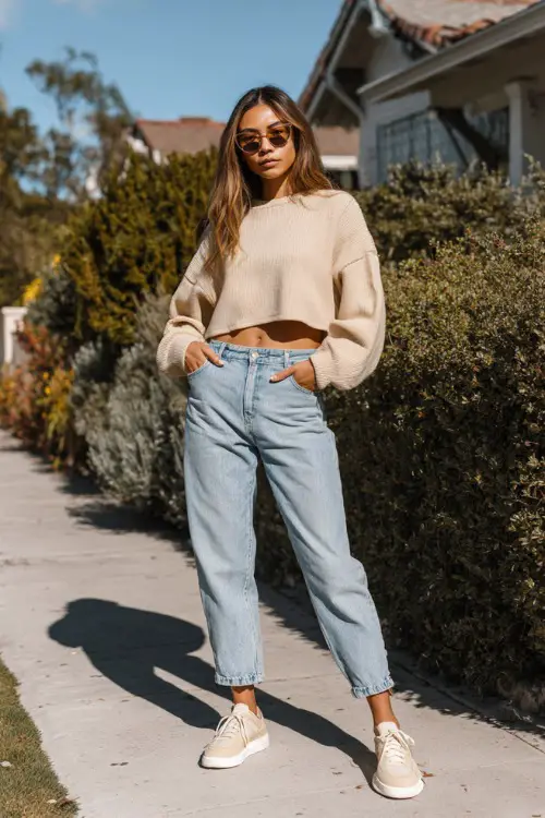 A woman wearing a beige cropped sweater paired with relaxed-fit blue jeans and simple sneakers 