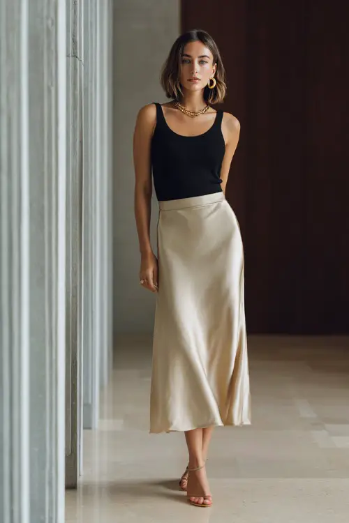 A woman wearing a black ribbed tank top paired with a neutral satin midi skirt, styled with minimalist sandals and delicate gold jewelry 