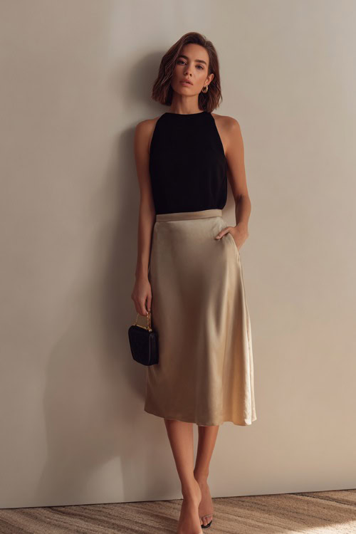 A woman wearing a black sleeveless top tucked into a neutral satin midi skirt, styled with minimalist heels and a small handbag 