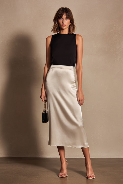 A woman wearing a black sleeveless top tucked into a neutral satin midi skirt, styled with minimalist heels and a small handbag