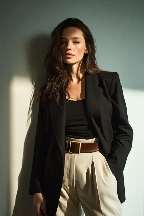 A woman wearing a black tailored blazer over a neutral outfit, styled with a statement leather belt and minimalist handbag
