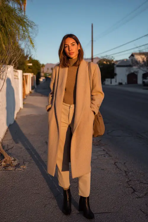 A woman wearing a camel long coat layered over neutral separates and straight-leg jeans, styled with ankle boots and a minimalist tote 