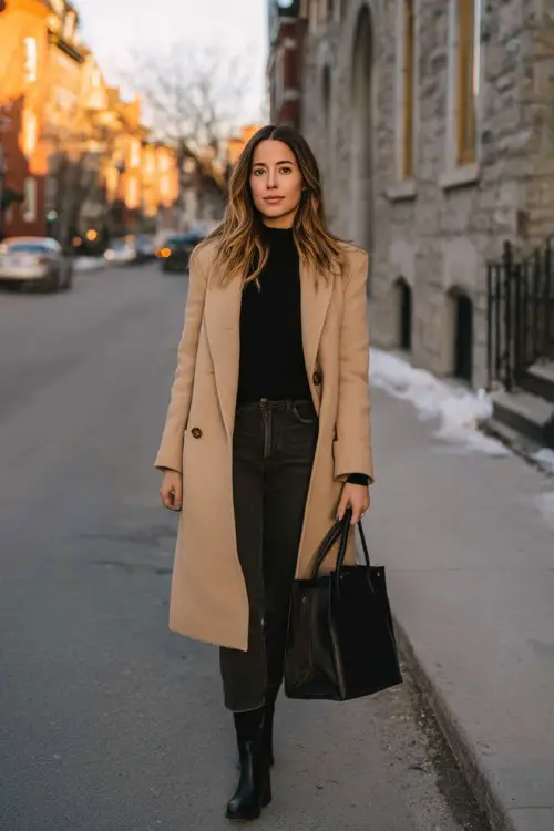 A woman wearing a camel long coat layered over neutral separates and straight-leg jeans, styled with ankle boots and a minimalist tote 