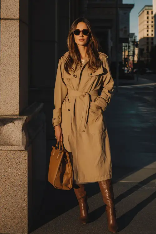 A woman wearing a camel-toned trench coat layered over a simple outfit, styled with sunglasses, a structured tote, and clean leather boots
