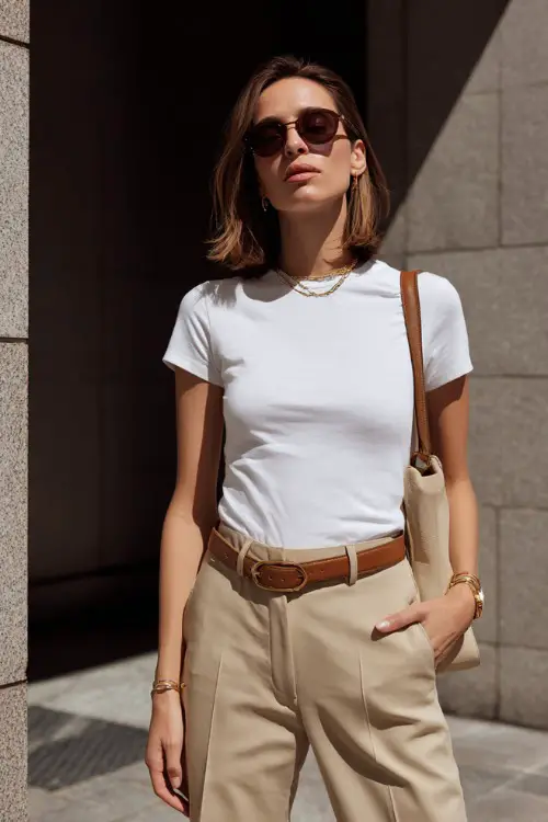 A woman wearing a clean white fitted t-shirt tucked into beige straight-leg trousers, styled with a slim leather belt, structured shoulder bag, and delicate gold jewelry