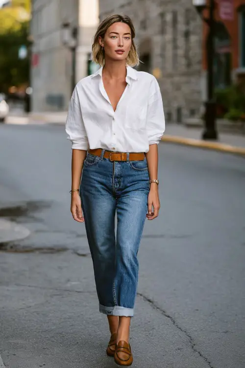 A woman wearing a crisp white button-down shirt styled with straight-leg blue jeans, accessorized with a slim belt, minimalist wristwatch, and leather loafers