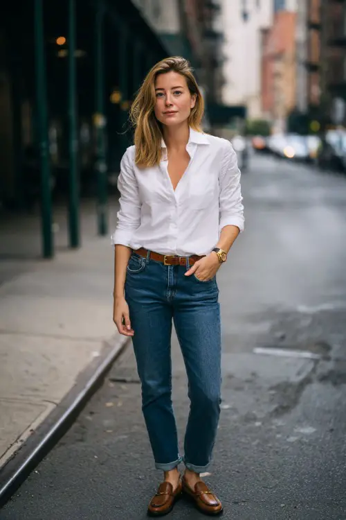 A woman wearing a crisp white button-down shirt styled with straight-leg blue jeans, accessorized with a slim belt, minimalist wristwatch, and leather loafers