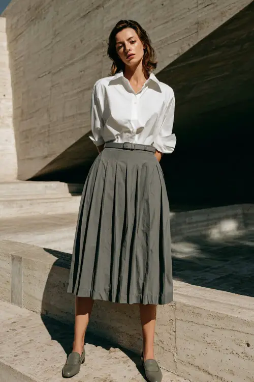 A woman wearing a crisp white button-down shirt tucked into a pleated gray midi skirt, styled with loafers and a slim belt