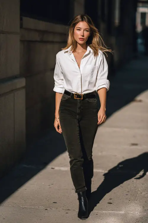 A woman wearing a crisp white button-down shirt tucked into high-waisted dark jeans, styled with minimalist ankle boots and a slim belt 