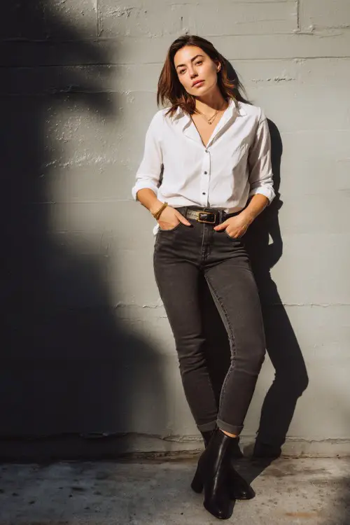 A woman wearing a crisp white button-down shirt tucked into high-waisted dark jeans, styled with minimalist ankle boots and a slim belt