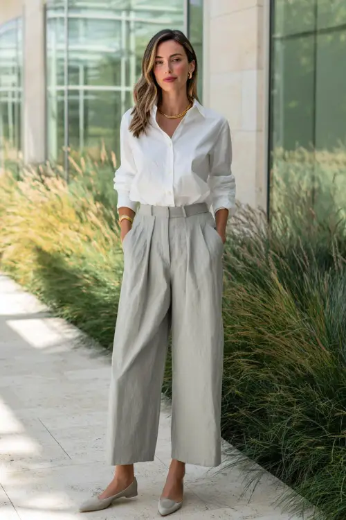 A woman wearing a crisp white button-down shirt tucked into light gray wide-leg pants, paired with ballet flats and delicate gold jewelry