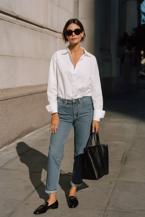 A woman wearing a crisp white button-down shirt tucked into straight-leg medium-wash jeans, styled with black loafers and a structured leather tote 
