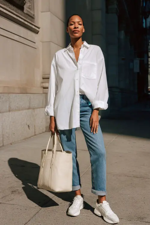 A woman wearing a crisp white oversized shirt tucked into straight-leg blue jeans, styled with clean white sneakers and a structured tote 