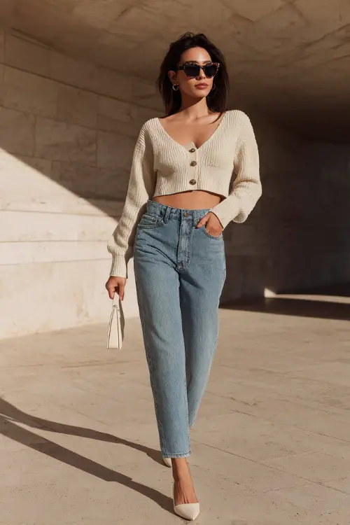 A woman wearing a cropped neutral cardigan buttoned up with high-waisted straight-leg jeans, styled with pointed flats and a small handbag 