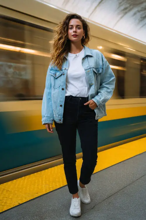 A woman wearing a denim jacket layered over a plain white tee and straight-leg black jeans, paired with clean sneakers 