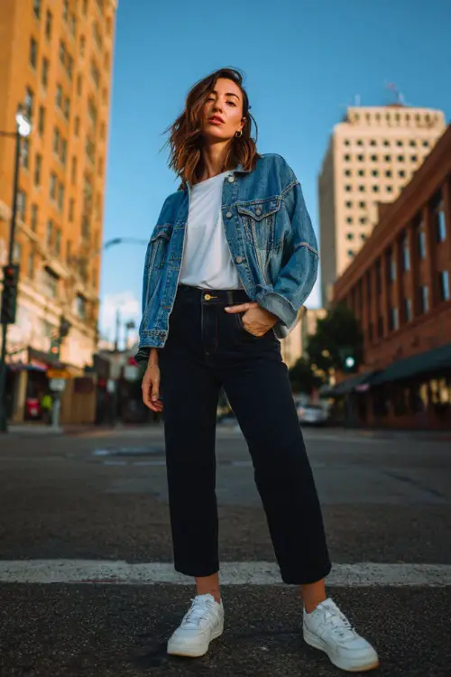 A woman wearing a denim jacket layered over a plain white tee and straight-leg black jeans, paired with clean sneakers