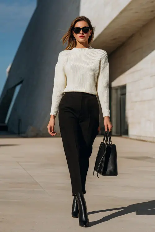 A woman wearing a fitted cream knit sweater tucked into straight-leg black trousers, styled with sleek ankle boots and a structured tote 