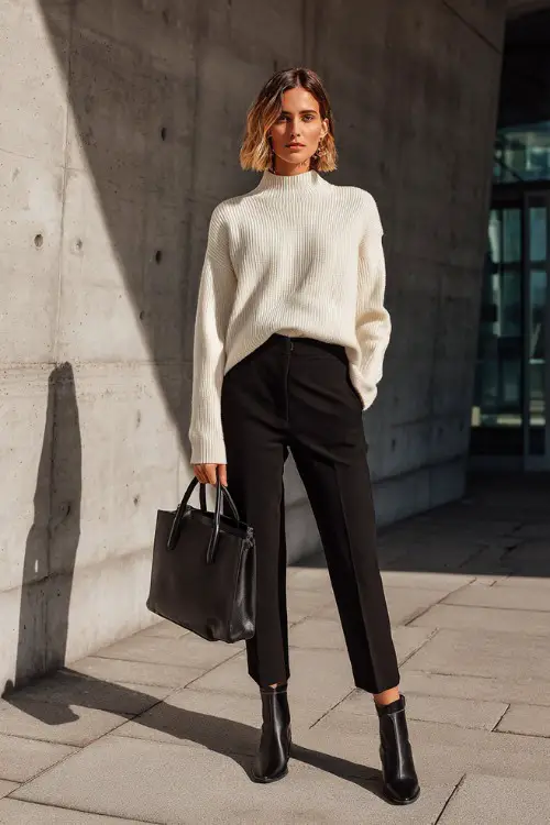 A woman wearing a fitted cream knit sweater tucked into straight-leg black trousers, styled with sleek ankle boots and a structured tote 