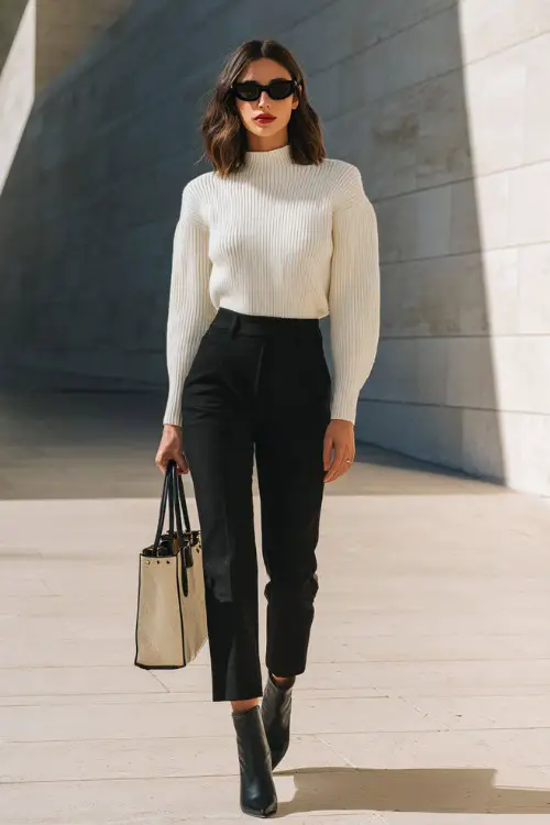 A woman wearing a fitted cream knit sweater tucked into straight-leg black trousers, styled with sleek ankle boots and a structured tote