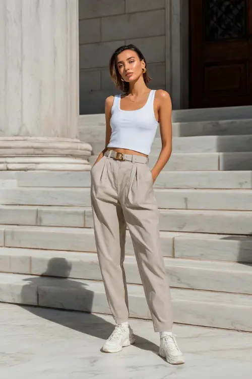 A woman wearing a fitted white tank top tucked into high-waisted beige trousers, styled with clean sneakers and a slim belt